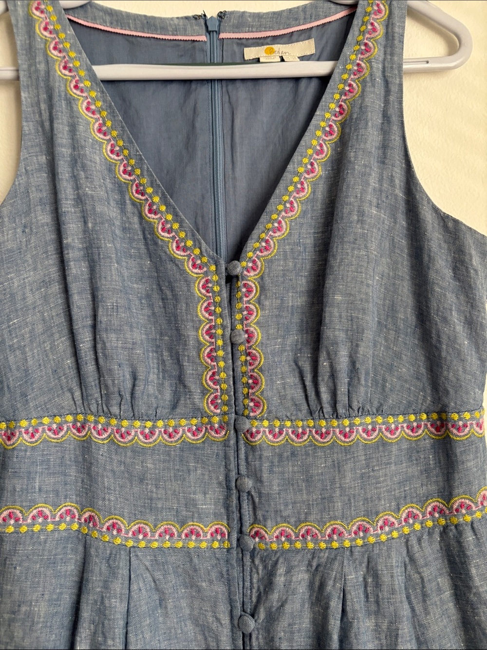 Boden Blue Linen Delicately Embroidered Sleeveless Maxi Dress 8R Cotton Lined - Picture 3 of 9